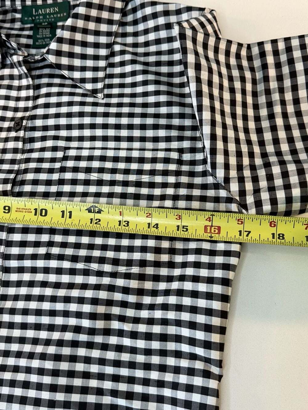 Ralph Lauren Petite 100% Silk Black and White Gingham Button-Down Shirt - Picture 3 of 6